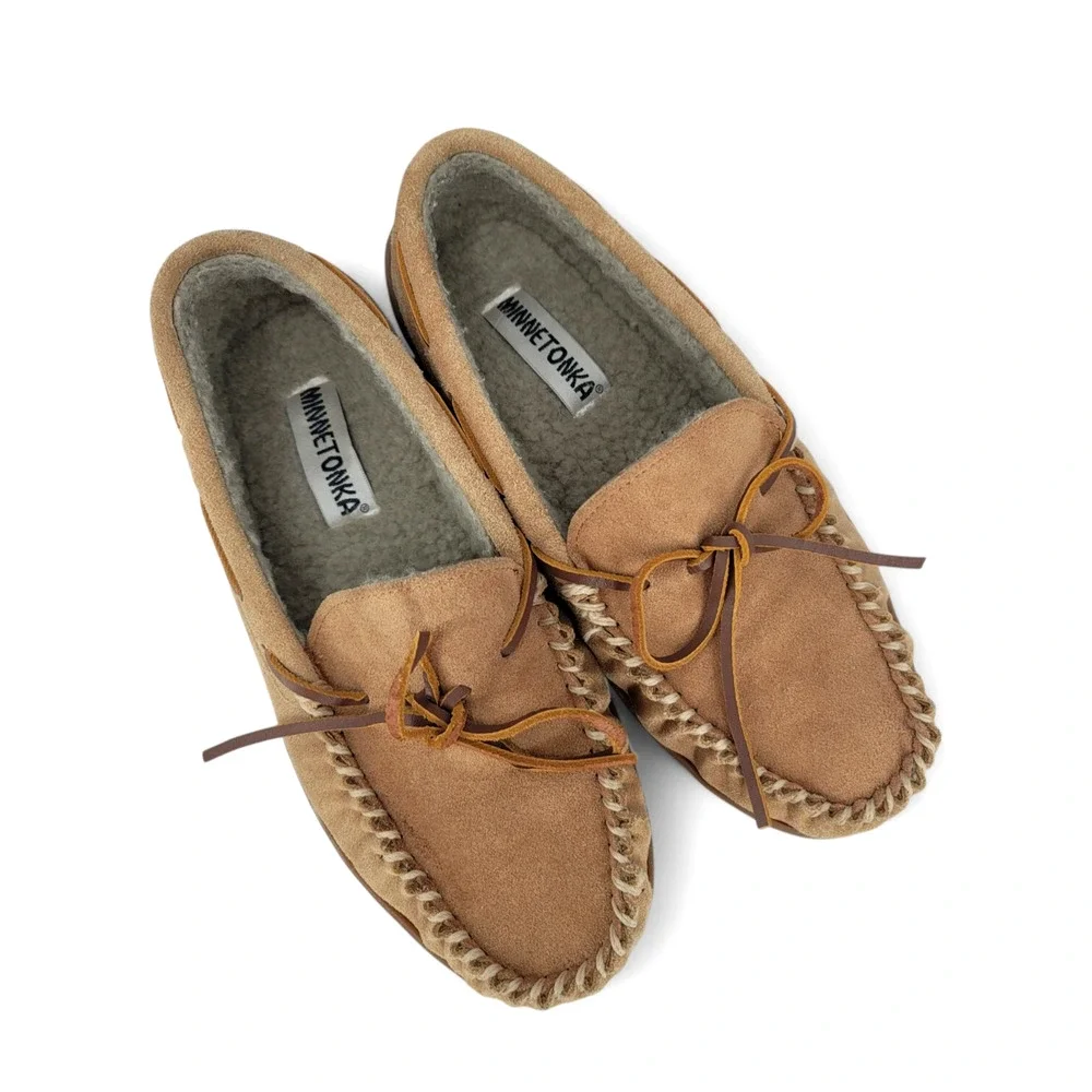 Minnetonka Men's Suede Moccasin Slippers Size‎ 8 Faux Fur Lined Indoor Outdoor